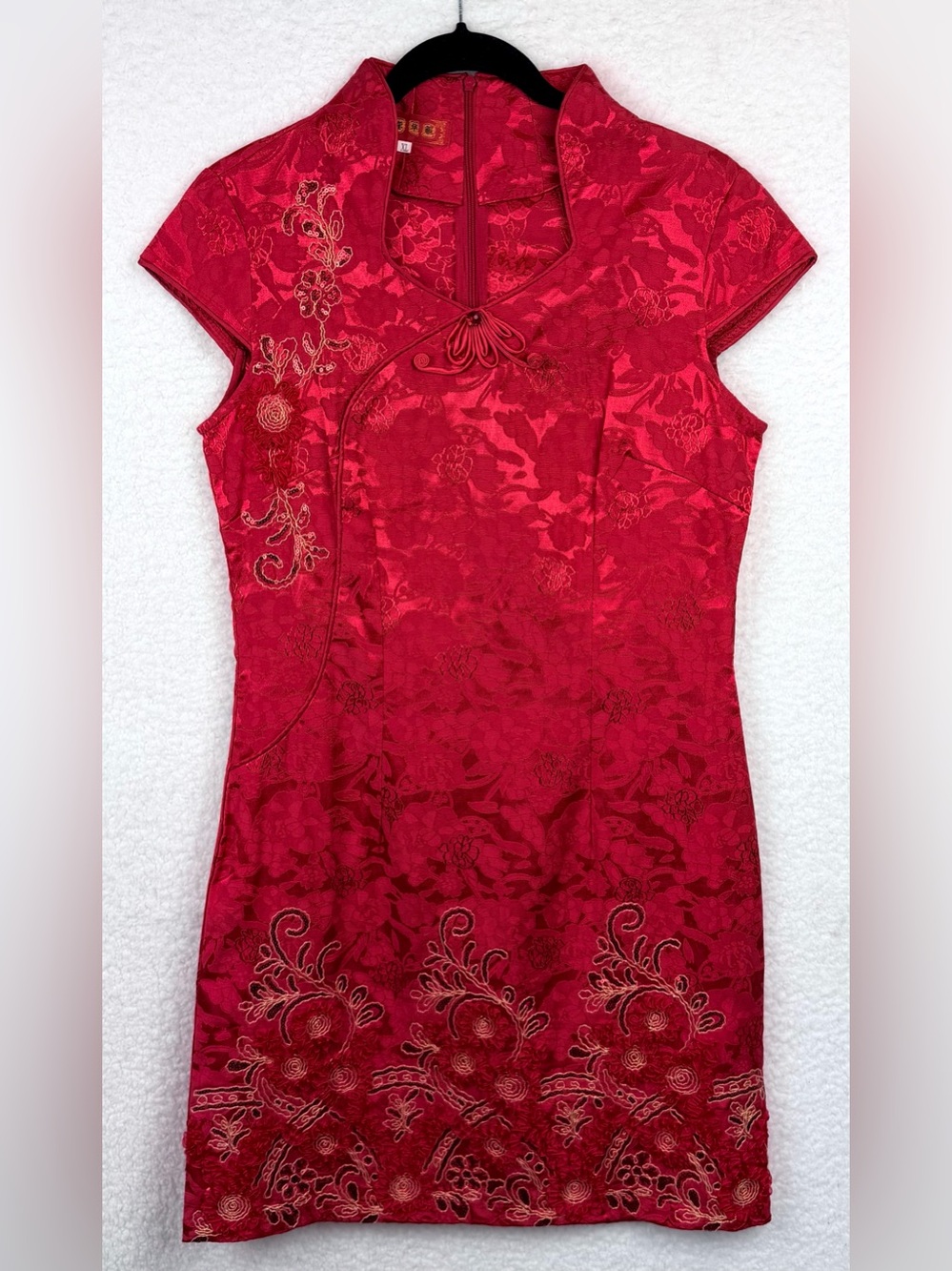 Red/Gold Floral Embroidered Mandarin Collar Sheath Mini Dress, XL - Picture 15 of 15